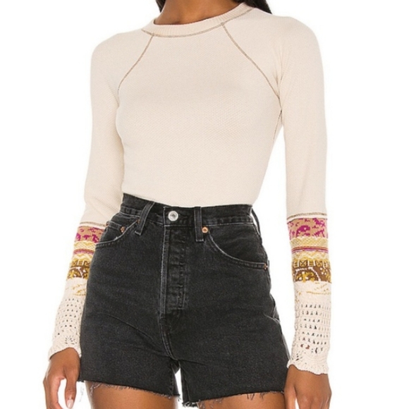 Free People In The Mix Cuff Waffle Knit Linen Combo Thermal LS Tee Size Med NWT - Picture 9 of 13